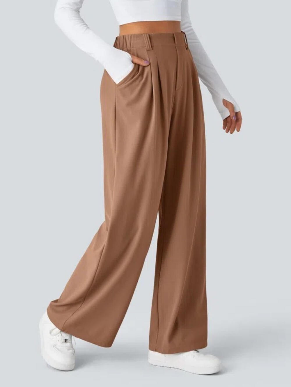 Halara Flex High Waisted Pocket Wide Leg Waffle Work Pants Macchiato size Large